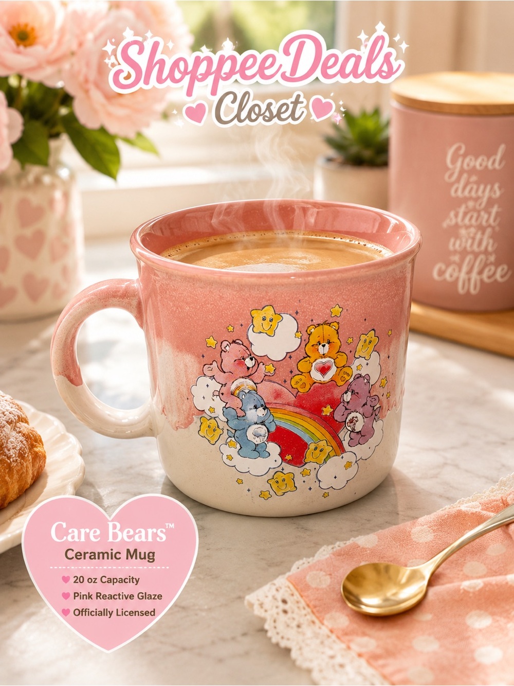 Silver Buffalo Care Bears Reactive Glaze Pink Camper Mug 20 oz Rainbow Stars